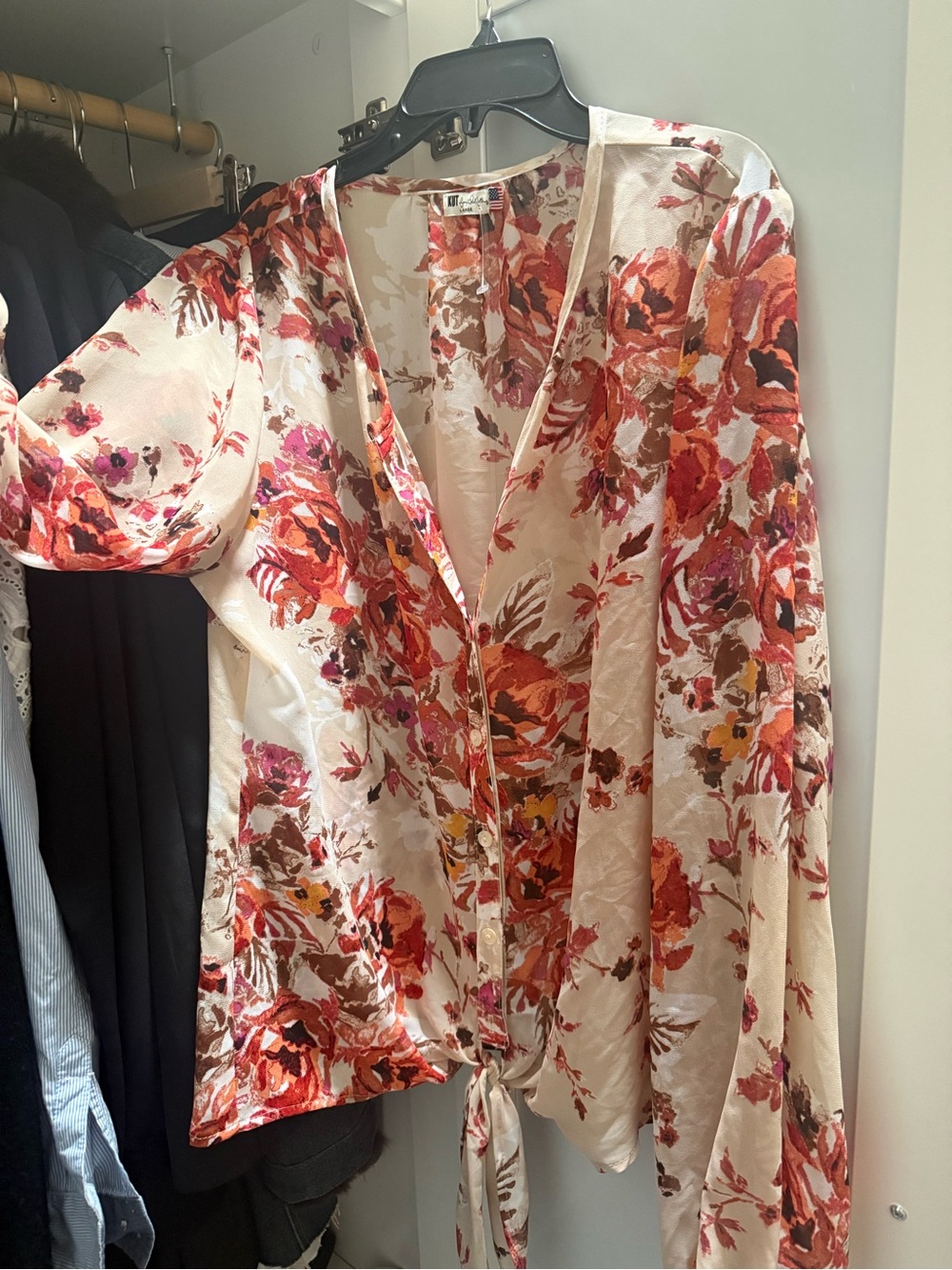 Sheer Like New Floral Tie-Front Blouse - Ivory, Burgundy, Orange, Brown Print